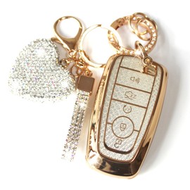 YIKECASE Key Fob Cover with Diamond Keychain for Women, Car Key Holder Compatible with Ford Explorer Fusion Edge Expedition F150 F250 F350 F450 F550 Maverick Mustang Protector, 5 Buttons (White-Heart)