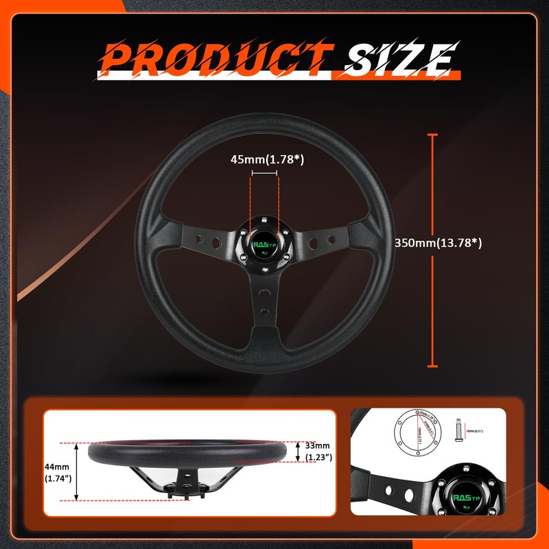 RASTP Universal Racing Steering Wheel,Drifting Deep Dish Steering Wheel 13.8”/350mm