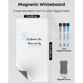 Pawfly Magnetic Whiteboard for Fridge, 13" x 19.7", Magnetic Dry Erase Board for Fridge, Large White Board Sheet with 3 Markers & 1 Eraser, Blank Refrigerator Whiteboard for Home Kitchen Office