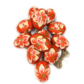 Ukrainisches Kunsthandwerk® 12 Wooden Easter Eggs Hand-Painted Including Hanger Handmade from Ukraine (Orange with Green Flower)