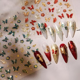 Butterfly Nail Art Stickers 5D Embossed Green Red Gold Butterfly Nail Decals Summer Spring Nail Stickers for Nail Art Self Adhesive Nail Design for Women Girls