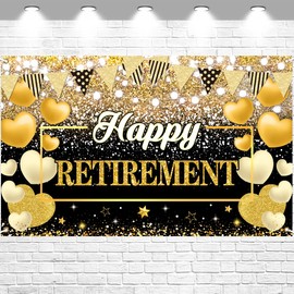 FHGG Happy Retirement Party Backdrop Banner Decorations Black Gold Large Background for Men Women Retirement Party Yard Supplies Sign 70.8 x 43.3 Inch