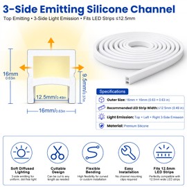 Silicone LED Channel System, 16.4FT Flexible LED Strip Light Cover, 3-Sided Emitting Silicone Diffuse for COB & LED Strip Lights, Spotless Silicone Channel for Cabinet, Shelf, Room, Patio Lighting