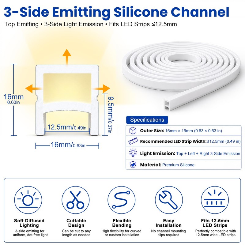 Silicone LED Channel System, 16.4FT Flexible LED Strip Light Cover,