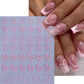 3pcs Valentine's Day Nail Art Stickers 3D Black White Pink Lines Love Heart Nail Decals Irregular French Stripe Lines Simple Valentine's Design DIY Adhesive Stickers Hearts Manicure Decor for Women