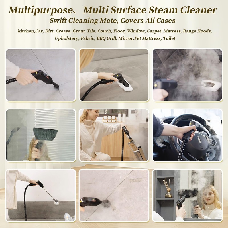 Steam Cleaner, 3-Level Adjustable Handle with 16 Accessories, Portable