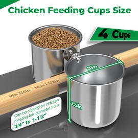 Forestchill Chicken Feeding Cups, Stainless Steel Hanging Feeder Cups for Chicken, Pack of 2 Double Cups Food Water Cage Bowls with Clamp Holder, Chicken Roosting Perches Accessories