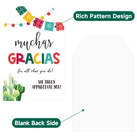 Anwyll Fiesta Gift Tags - 50Pcs Fiesta Thank You Gift Tags with String Muchas Gracias Tag Mexican Theme Muchas Gracias for All that You Do Tag for Cinco de Mayo Party Favors (Cactus)