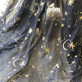 Golden Star Lace Fabric by The Yard Embroidery Stars Moon Navy Lace Tulle Fabric for Celestial Costume Home Decoration 5 Yards