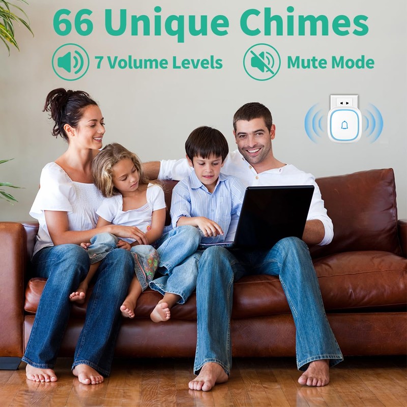Wireless Doorbell with 2 Receivers IP66 Waterproof 1000ft Range Door