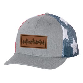 Trenz Shirt Company Tamarack Trees Forest Pine Woods Men's Laser Engraved Leather Patch Mesh Back Trucker Hat, Heather Grey/American Flag Mesh