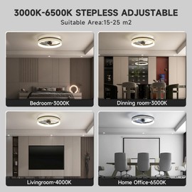 VOLISUN Low Profile Ceiling Fans with Lights and Remote, 19.7in Flush Mount Ceiling Fan with Light, 3000K-6500K Dimmable Fandelier LED Fan Light, Black Bladeless Ceiling Fans with Lights for Bedroom