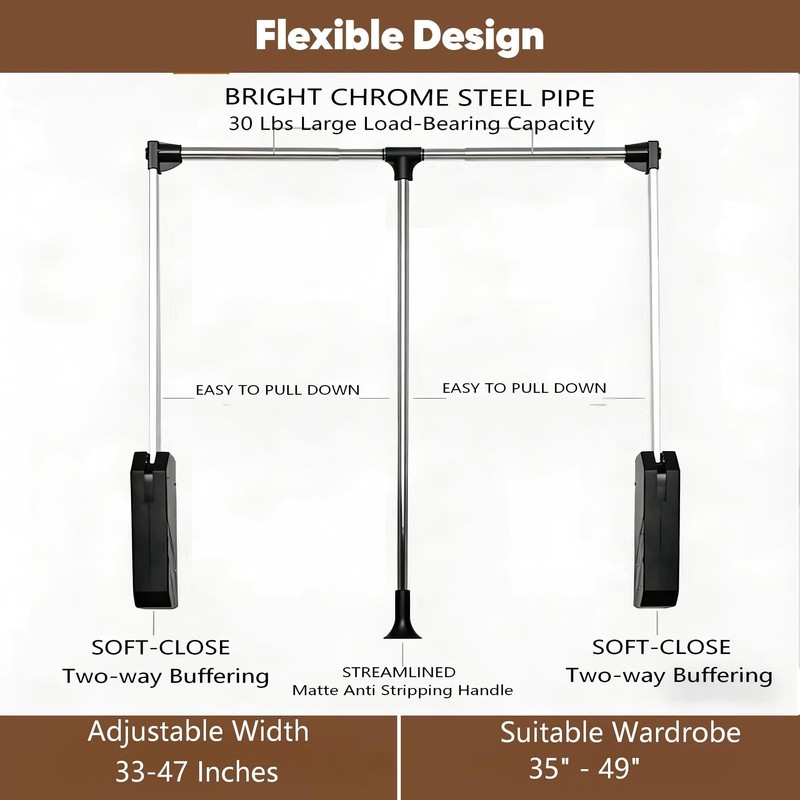 bimiti Pull Down Closet Rod -Stainless Steel Adjustable 33-47 Inches