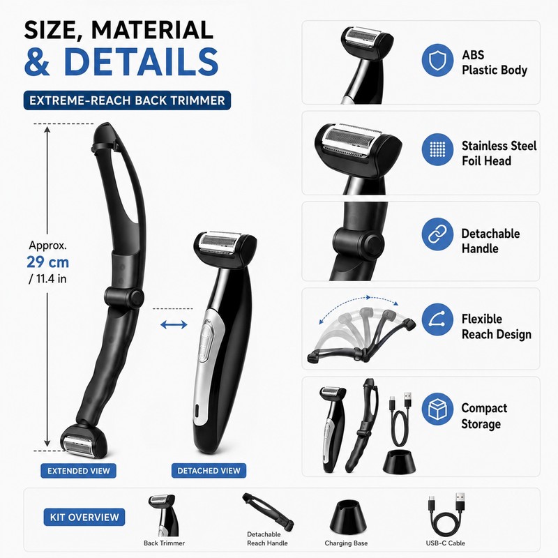 Electric Back Shaver for Men – Detachable Long Handle Body