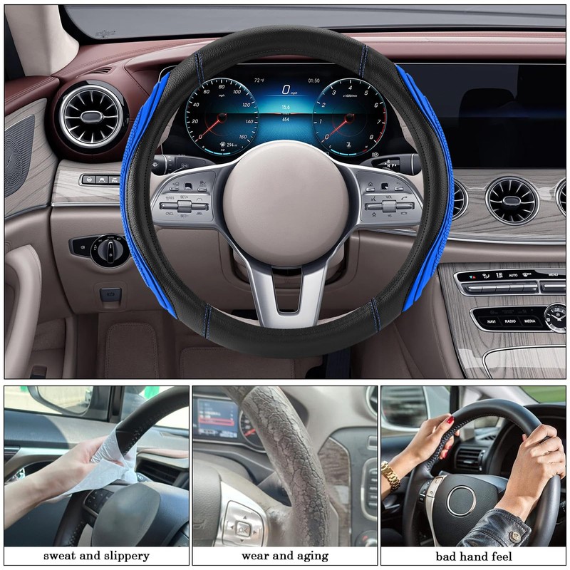 Blue Film Splicing Leather Steering Wheel Cover, Microfiber Leather, Anti-Slip,