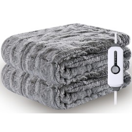 Electric Heated Throw Blanket Luxurious Faux Fur 50 x 60 inches, 4 Heating Levels & 3 Hours Auto Off Heated Blanket for Safety, Home Office Use, Machine Washable, Light Grey