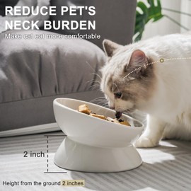 YauYik Cat Bowls Elevated, Raised Cat Food Bowls for Indoor Cats, Puppy, Ceramic Tilted Kitty Dish, 6 Inch Whisker Friendly Anti Vomit Pet Feeding Station, Dishwasher Safe (White, 2 Pack)