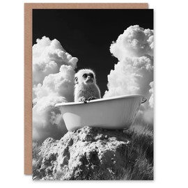 Artery8 Greeting Card Cute Marmoset in Bathtub Black White Surreal Blank For Him Or Her Art Birthday Card