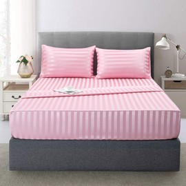 Satin-Silk Sheets Queen Size Bed Set, Pink Soft Cooling Deep Pocket Queen Sheets, Hypoallergenic, Wrinkle and Fade Resistant Bedding Set, Striped