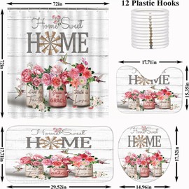 ALEXEX 4 PCS Red Rose Peony Shower Curtain Sets,Home Sweet Bathroom Set with Shower Curtain and Rugs and Accessories,Farmhouse Country Shower Curtain Bathroom Decor with 12 Hooks,72 X 72 Inches