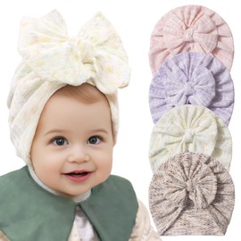 Marjoramy 4 Pcs Newborn Baby Hats,Beanie Bow Infant Caps,Baby Hospital Hat,Infant Baby Hat with Bow,Soft Cute Infants Baby for Newborn 0-24months