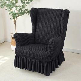 Stretch Seersucker Wingback Chair Slipcover, Universal Bubble Wing Chair Slipcovers with Skirt, Living Room High Back Chair Covers Set, Easy Fit Washable Slip Covers for Armchairs, Black