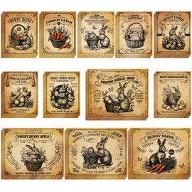 Cholemy 60 Pcs Vintage Easter Poster Label Set French Country Bunny Stickers Retro Easter Jar Stickers Egg Bunny Carrot Decal for Crafts Rustic Farmhouse Kitchen Decor, 12 Styles