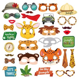 Veewon 30pcs Jungle Safari Animal Photo Booth Props Forest Animals Party Photobooth Props for Animal Birthday Party Decorations
