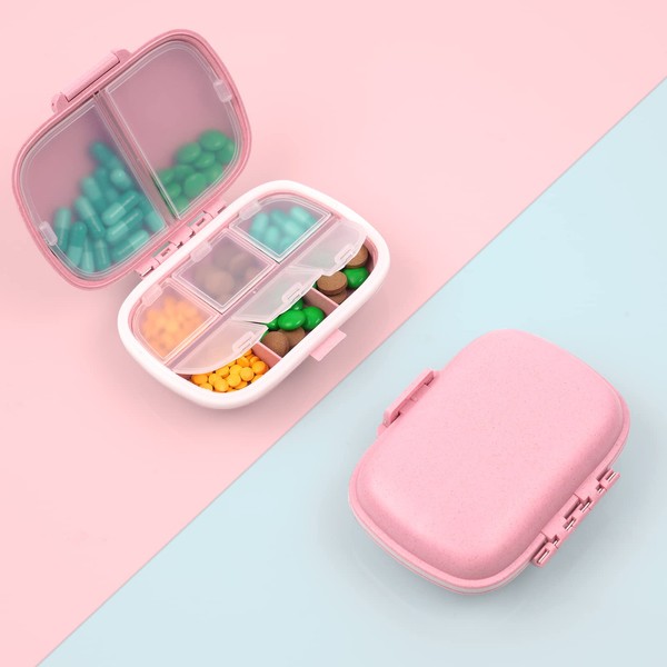 ACWOO Pill Box Organiser, 1Pcs Portable Medicine Storage Box with 8 Compartments, Pill Case Pill Dispenser to Hold Vitamins, Cod Liver Oil, Supplements and Medication for Travel & Work (Pink)