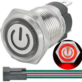 UL Listed 15Amp Latching Push Button Switch 16mm 5/8" 12V-24VDC Waterproof IP67 SPST with LED Angel Eye Head 304-Stainless Steel On Off with Wire Socket