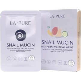LA PURE Snail Mucin Mask – 10Ct Korean Sheet Mask Pack for Signs of Aging, Aid Skin Repa