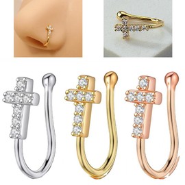 Niaspi Cross Fake Nose Ring for Women Stainless Steel Non-Piercing Nose Cuffs Adjustable CZ Clip On Nose Rings Fake Nose Jewelry (Gold)