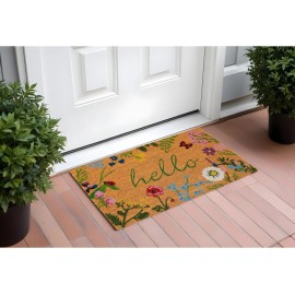 HomeRoots 17" X 29" Natural and Green Coir Floral Hello Outdoor Door Mat