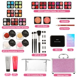 Anpro All-In-One Makeup Carry Case with Pro Teen Makeup Set, Full Starter Cosmetics Kit with Makeup Brushes, Lipsticks, Eye Shadows Palette, Blushes, Glitter Gel-Purple