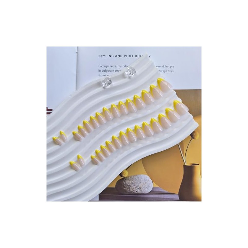 SXVME 30 Uñas Postizas Amarillas Francesas, Almendradas Cortas, Con Pegamento,