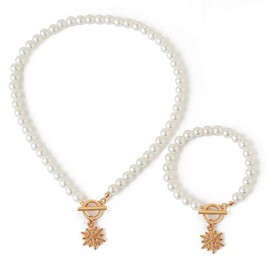 FDEETY Pearl Jewellery Set for Women 14K Gold-Plated Christmas Tree Snowflakes Pendant Necklace Bracelet Jewellery Set Adjustable Pearl Necklace Christmas Decoration Gifts, Alloy Steel