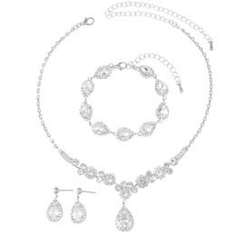 FDEETY Jewellery Set Drop Cubic Zirconia Copper Jewellery Set 3 Pieces Bracelets Earrings Necklace Ideal for Brides, Special Occasions and Elegant Evening Dresses, Brass, Brass.