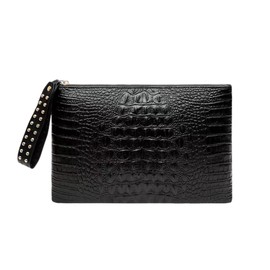 IAMUHI Faux Leather Crocodile Envelope Clutch Bag Rivets Wristlet Zipper Embossing Evening Handbag Wallet Purse,Black