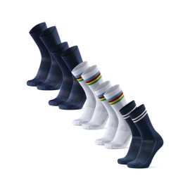 DANISH ENDURANCE Long Cycling Socks, 3 Pairs Cycling Socks, Lightweight Cycling Socks, Breathable & Padded, Unisex, for Men and Women, Multicoloured (2 x navy, 2 x white/stripes, 1 x navy
