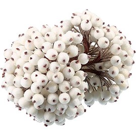 BBTO 100 Wired Stems of Artificial Holly Berries Artificial Flower Decor 200 Pack 12 mm Mini Christmas Frosted Fruit Berry (White)
