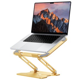 JCZT Adjustable Laptop Stand for Desk, Metal Foldable Laptop Riser, Portable Laptop Holder Mount, Ventilated Cooling Computer Notebook Stand for MacBook Air Pro, All 10-16'' Notebooks Laptops, Gold