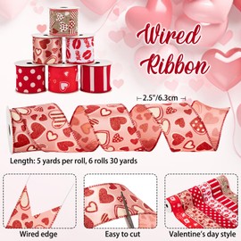 Oairse 6 Rolls Mother's Day Wired Ribbon Set 2.5 inch 30Yards Heart and Love Pattern Fabric Ribbons for Gift Wrapping Crafts Wreath Bow Valentine Decorations DIY Projects