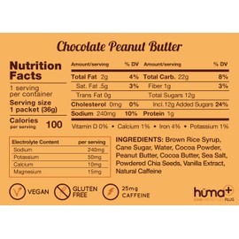 Huma Plus (Double Electrolytes) - Chia Energy Gel, Chocolate Peanut Butter, 24 Gels - Stomach Friendly, Real Food Energy Gels