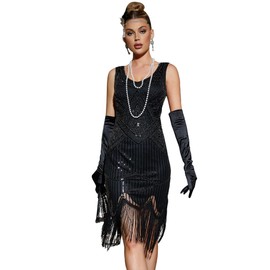 Plus Size 1920s Vintage Fringed Gatsby Sequin Beaded Tassels Hem Flapper Dress for Women (Black, XS)