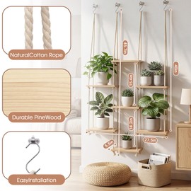 Yalikop 1 Pack Hanging Window Plant Shelves, 7 Tier Boho Indoor Window Hanging Plant Shelf Wood Wall Floating Shelves for Balcony, Living Room & Indoor Garden Decor (Rectangle)