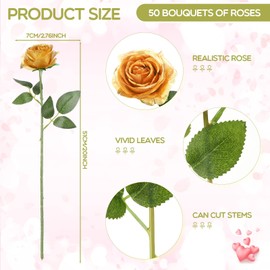 50 Pcs Artificial Rose Flower Realistic Silk Roses with Stem Bouquet of Flowers Plastic Flowers Real Looking Fake Roses for Home Wedding Centerpieces Party Decorations (Gold)