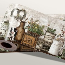 Farmhouse Peel and Stick Wallpaper Border for Kitchen Wall - 15ft x 4in Wipeable Vinyl Rustic Country, Removable Vintage Cotton Floral Border for Bathroom Cabinet