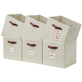 DECOMOMO Storage Bins, Cube Storage Bin with Labels, Fabric Storage Cubes for Shelves (10.5" x 11" / 6pcs, Beige)