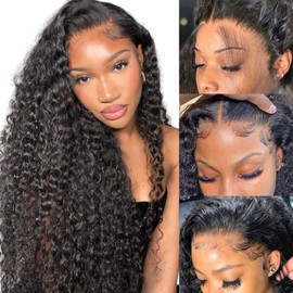 22 Inch Women's Real Hair Wig, Deep Wave Human Hair Wig, 200 Density 13 x 4 HD Transparent Lace Front Glueless Wigs for Black Women, Pre Plucked, Natural Black Curly Real Hair Wig (56 cm)