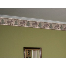 Wall Border - Brown Moose Green Chrismas Tree Distressed Wallpaper Border Retro Design, Prepasted Roll 15 ft. x 7 in.